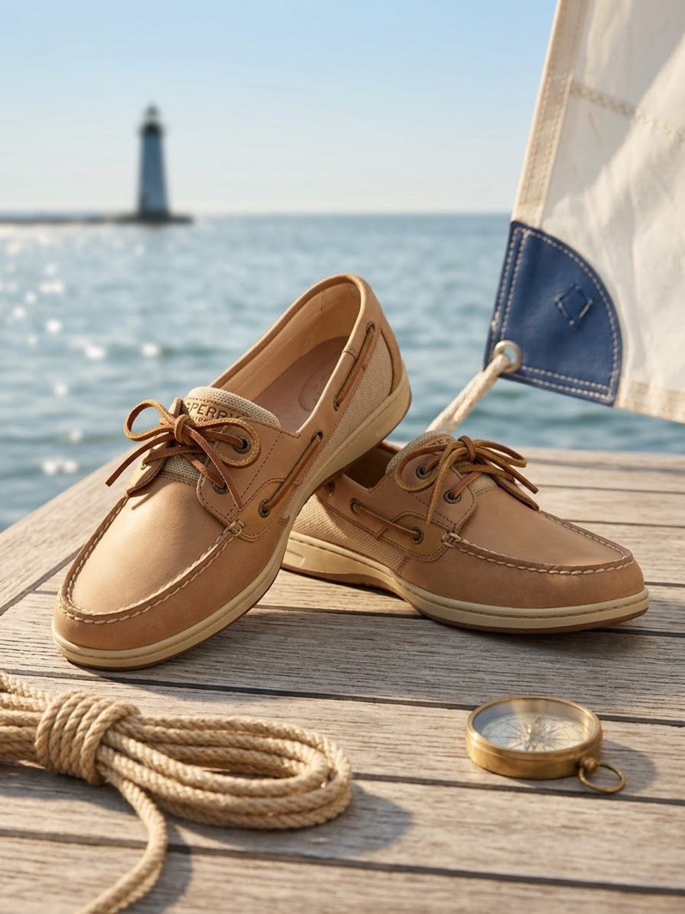 NWOT Sperry Blue Fish 2 Light Tan Leather Boat Shoes with Rawhide Laces, no box